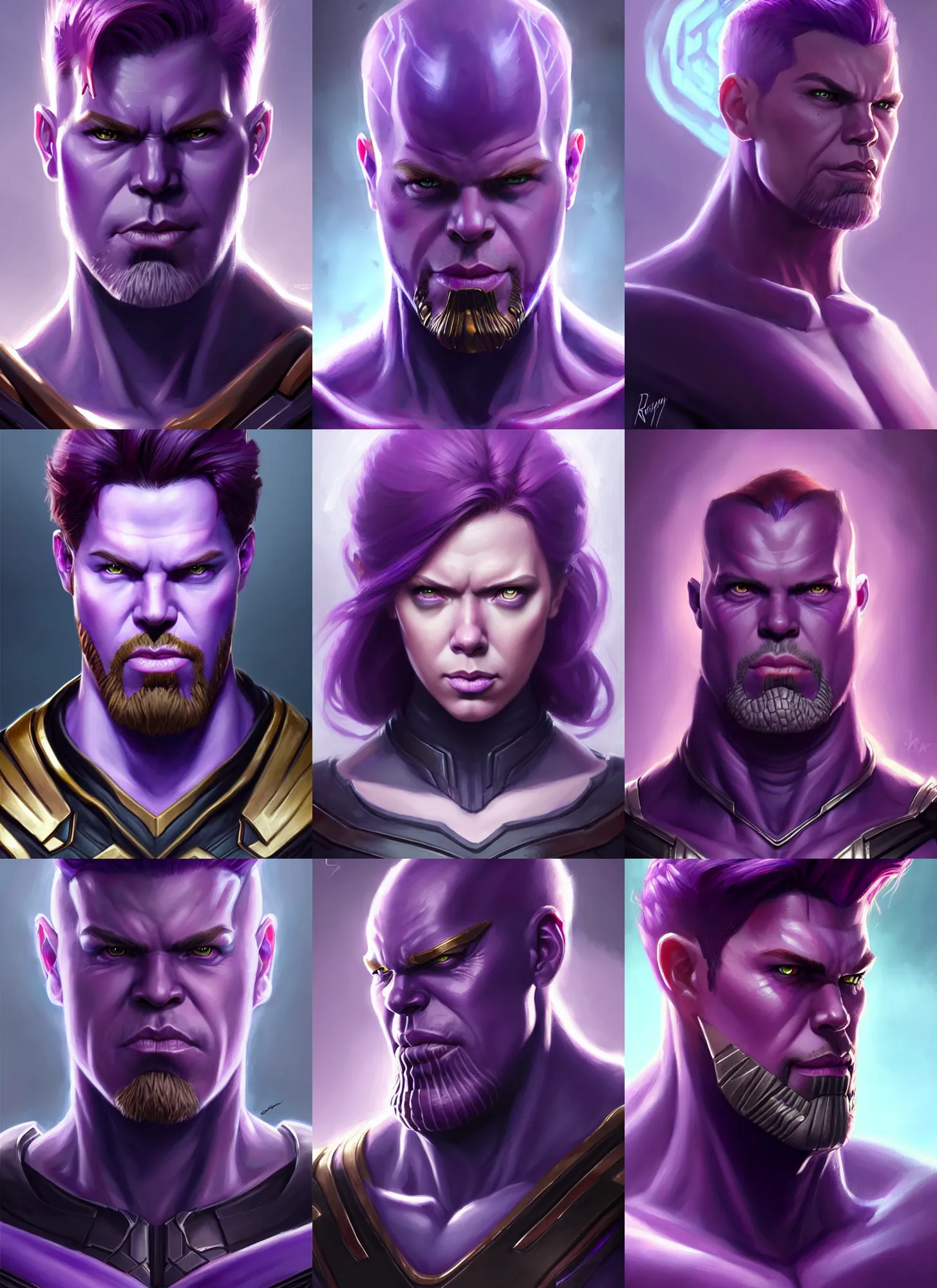 Prompt: a fantasy style portrait painting a character if natasha romanoff and thanos had a son, purple skin, powerful chin, thanos style traits, painting, unreal 5, daz., rpg, portrait, extremely detailed, artgerm greg rutkowski _ greg