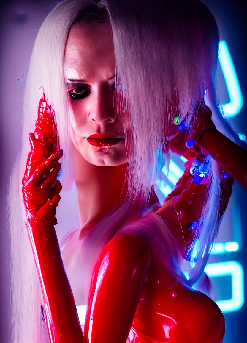 Prompt: woman, android, long white hair, cyberpunk, artificial limbs, circuit, mechanisms, tattoos, neon lights, hard light, glamour, vogue photoshoot, fashion, lens flare, long dress, red dress, raindrops, rain, wet, wet hair, wet fabric, make - up, leaky make - up, red lipstick