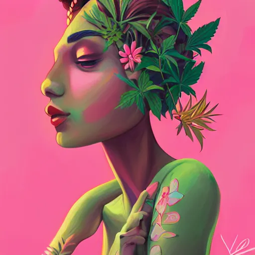 Prompt: goddess of plant medicine, and art by lois van baarle highly detailed painting trending on arstation vivid colors cannabis