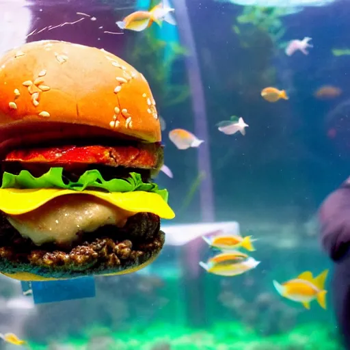 Prompt: a juicy hamburger in a giant aquarium with coke instead of water