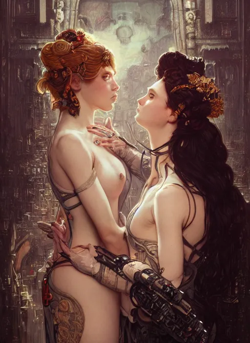 Image similar to portrait of two beautiful pale gothic maidens kissing, warhammer 40000, cyberpunk, intricate, elegant, highly detailed, digital painting, artstation, concept art, smooth, sharp focus, illustration, art by artgerm and greg rutkowski and alphonse mucha and Gustav Klimt