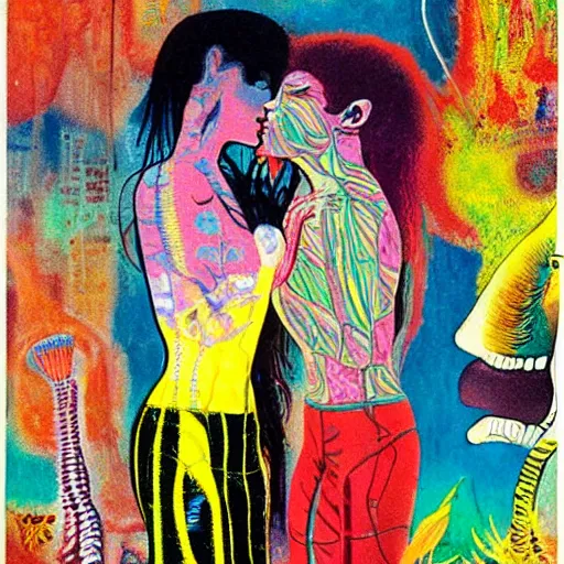 Image similar to beautiful painting of two bizarre psychedelic women kissing each other closeup in an aquarium in japan, speculative evolution, mixed media collage by basquiat and alex grey, magazine collage art, sapphic art, lesbian art