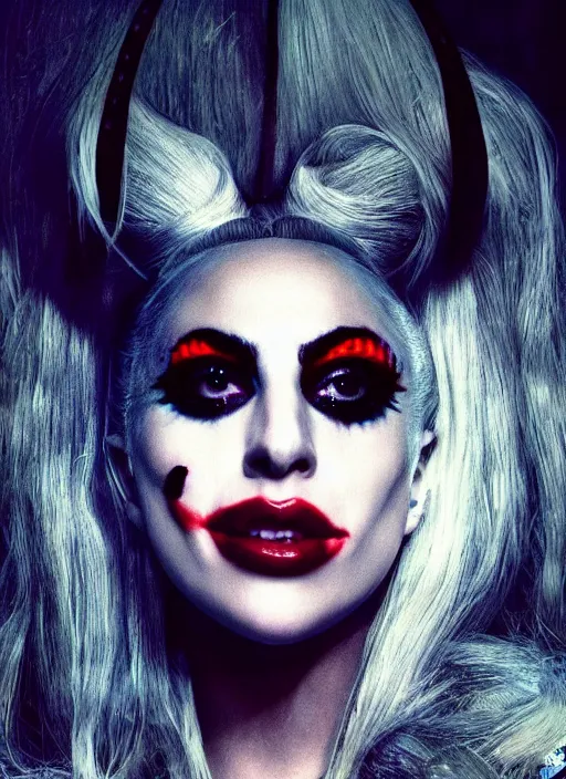 Prompt: portrait of Lady Gaga portraying Harley Quinn while dancing in the movie Joker 2023, dramatic cinematic lighting, extremely detailed facial features, award winning photograph by Annie Leibovitz, 8k