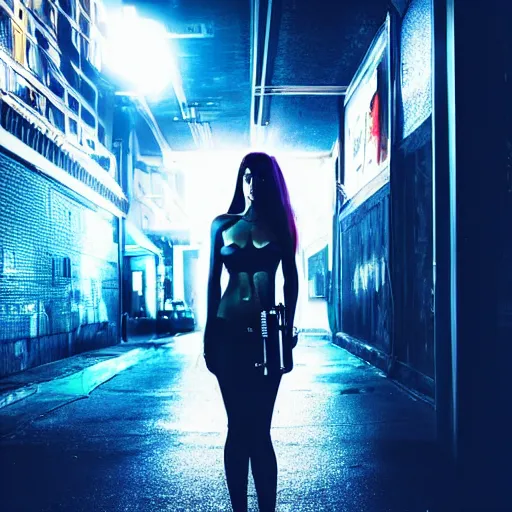 Image similar to “sensual cyberpunk girl with guns in her hands failing on the city, ultra realistic, neon lights, photo, 8k”