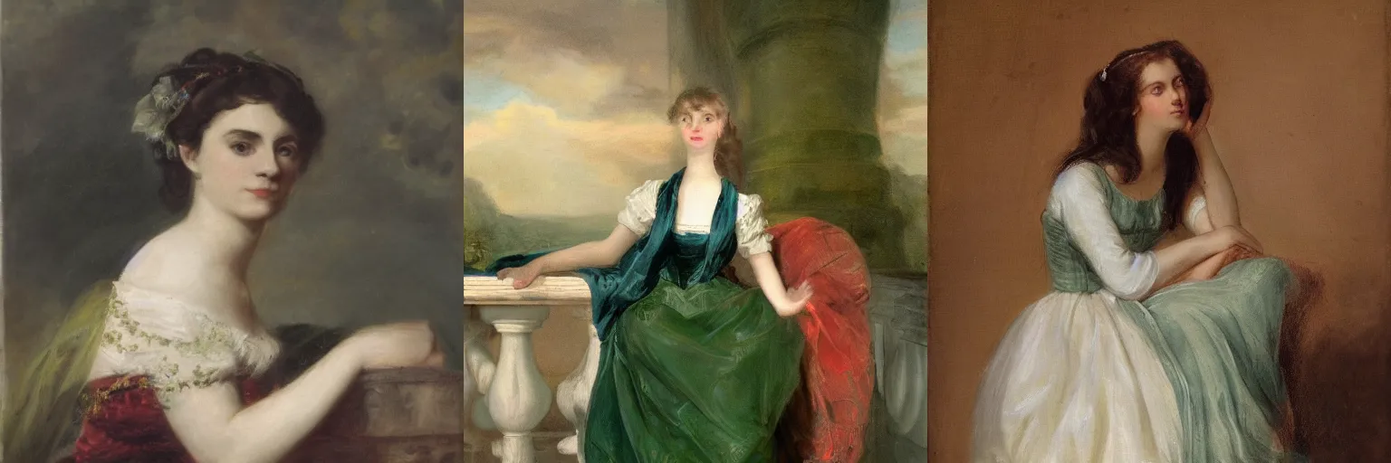 Image similar to a stunning Regency-era girl in a Pomona green dress by Sir Thomas Lawrence, wistful, moody