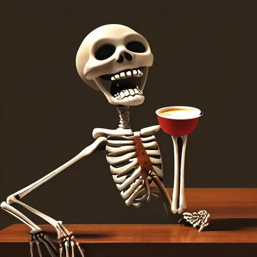 Image similar to portrait of a funny skeleton character holding a cup of coffee. pixar style animation 3 d extremely gloomy lighting, shining light and shadow, atmospheric, cinematic, unreal engine, 8 k