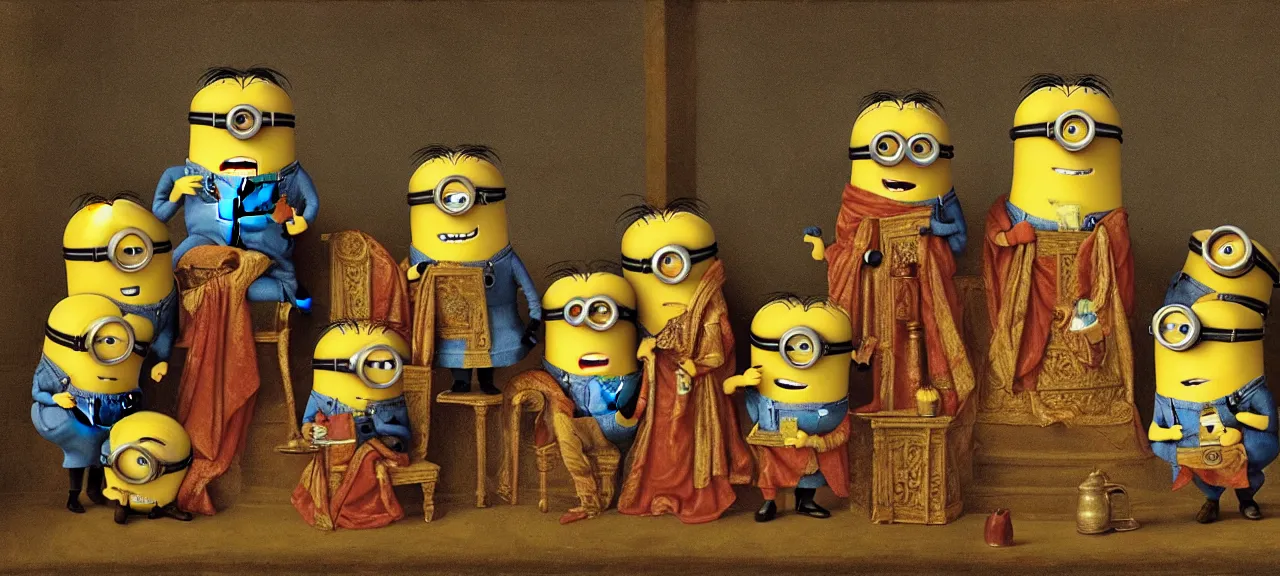 Prompt: Minions on a throne in the style of Jan van Eyck