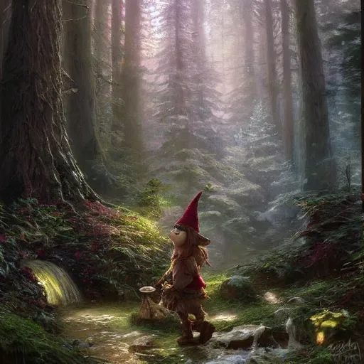 Prompt: a gnome druid in a mystical forest, by greg rutkowski e thomas kinkade, fantasy, very detailed, high definition, realistic painting