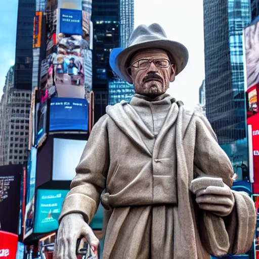 Image similar to a long shot of a very detailed renaissance sculpture of walter white in a hat by michelangelo, standing in times square, 3 d render, hyper detailed, sharp focus, 8 k resolution