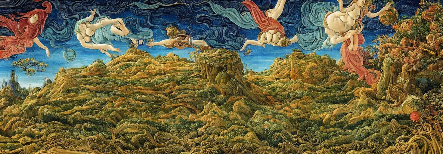 Prompt: beautiful landscape mural of an alien planet, lush landscape, vivid colors, intricate, highly detailed, masterful, fantasy world, in the style of sandro botticelli, moebius