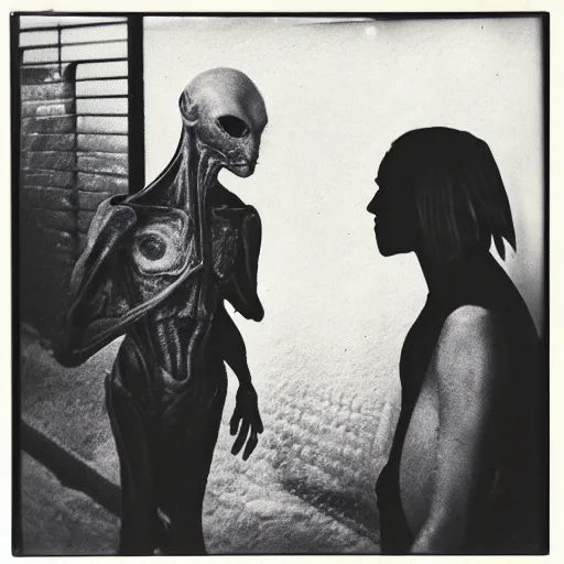 Image similar to a black and white polaroid photo of an alien meeting a human