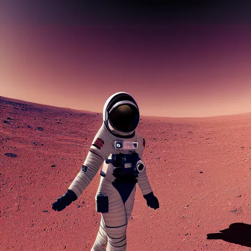 Prompt: A wide-angle shot from below of a female astronaut with an athletic feminine body walking with swagger toward camera on Mars in an infinite universe, synthwave digital art