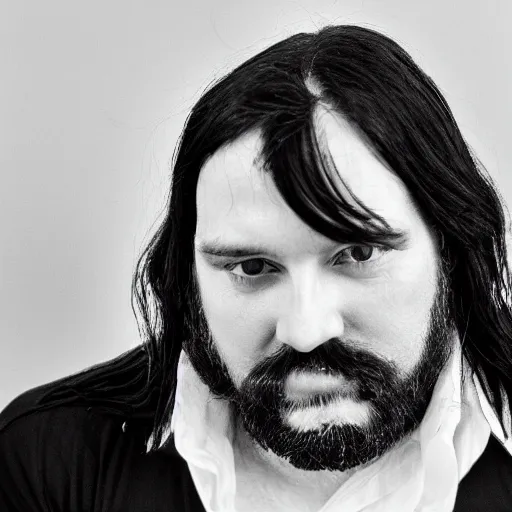 Prompt: Black and white photo of nigel mcleod white male with long blackhair and long beard