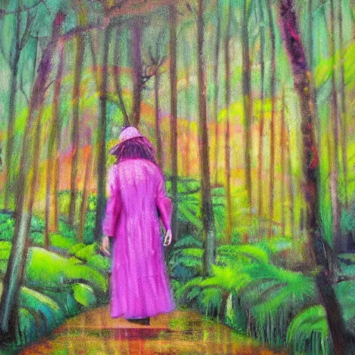 Prompt: a pink mage walking through a lush psychedelic forest, oil painting, by martin wiegand