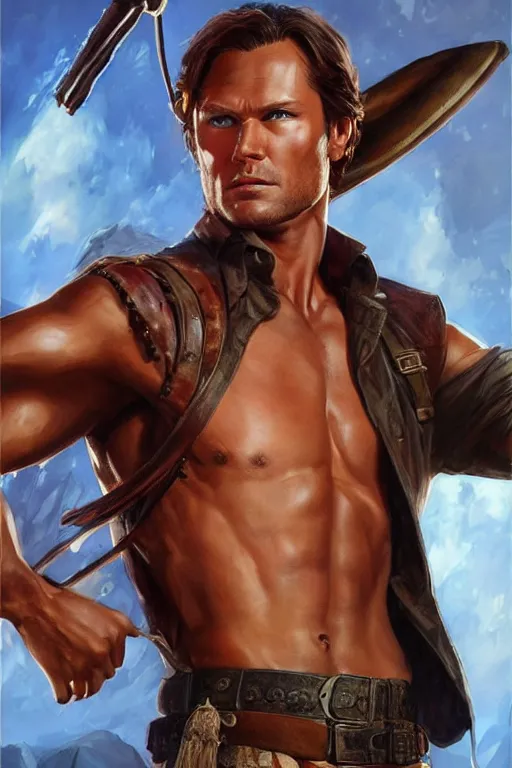 Prompt: pretty muscular sam winchester as indiana jones, clothes torn apart, fantasy style, sharp focus!, ultra detailed, art by artgerm and peter andrew jones, wlop