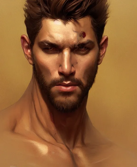 Image similar to portrait close up of man look at the camera in symmetry. concentrated look, symmetry, with an explosion on the back, d & d, fantasy, intricate, elegant, highly detailed, digital painting, artstation, concept art, art by artgerm and greg rutkowski and alphonse mucha, boris vallejo