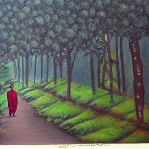 Image similar to painting by richa kashelkar of a young buddhist monk walking down a narrow road in jungle early morning