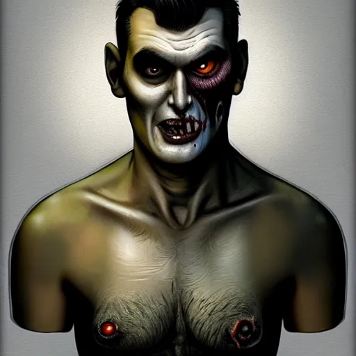 Image similar to portrait of a smooth skinned handsome zombie version of morrissey as a zombie with cuts and with a large quiff and thick eyebrows, 7 days to die zombie, realistic proportions, fine art, award winning, intricate, elegant, sharp focus, cinematic lighting, digital painting, 8 k concept art, art by brom, art by michael hussar, 8 k