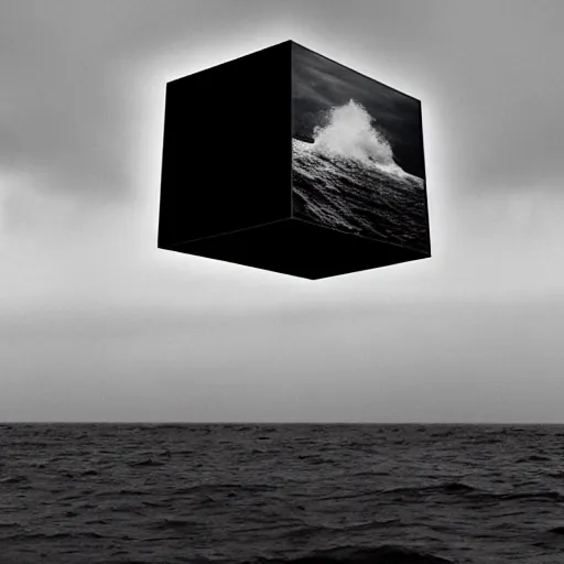 Prompt: a cube in the middle of the sea with images of a tumultuous sea on its sides. in the style of Richard Serra