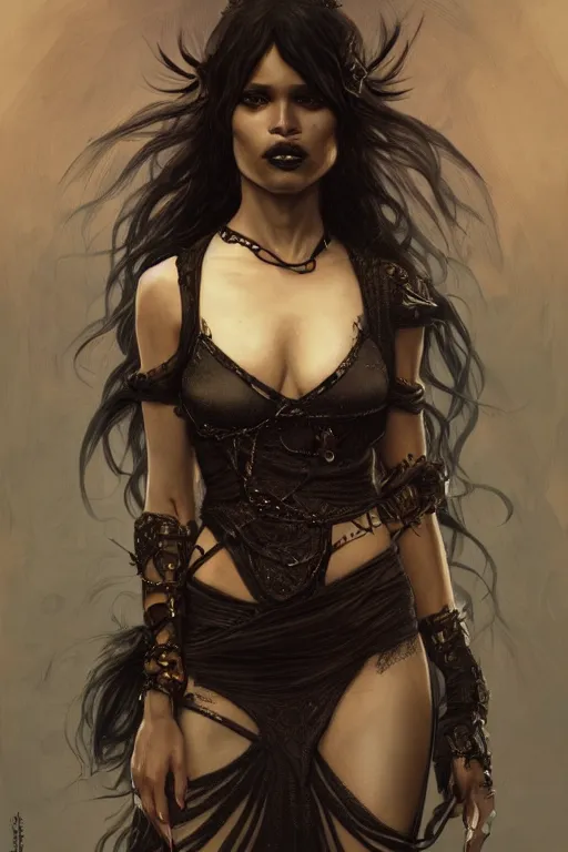 Image similar to ultra realistic illustration, zoe kravitz as the gothic vampire queen, intricate, elegant, highly detailed, digital painting, artstation, concept art, smooth, sharp focus, illustration, art by artgerm and greg rutkowski and alphonse mucha