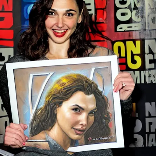 Image similar to Gal Gadot holding a sign that says M I T C H I as painted by Ralph Horsley