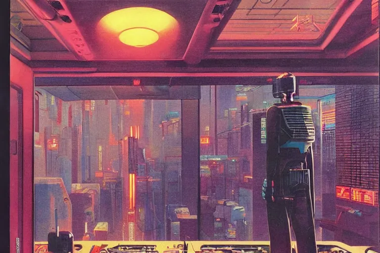 Image similar to 1979 OMNI Magazine Cover of an ornate oriental office with a window to neo-Tokyo streets in cyberpunk style by Vincent Di Fate