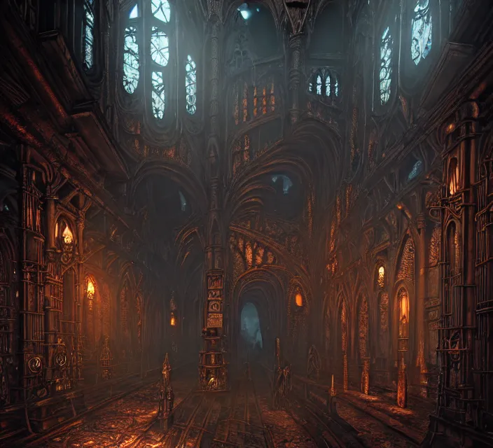 Image similar to steam necropolis, memento mori, gothic, neo - gothic, art nouveau, hyperdetailed copper patina medieval icon, stefan morrell, philippe druillet, ralph mcquarrie, concept art, steampunk, unreal engine, detailed intricate environment, octane render, moody atmospherics, volumetric lighting, ultrasharp, ominous, otherworldly