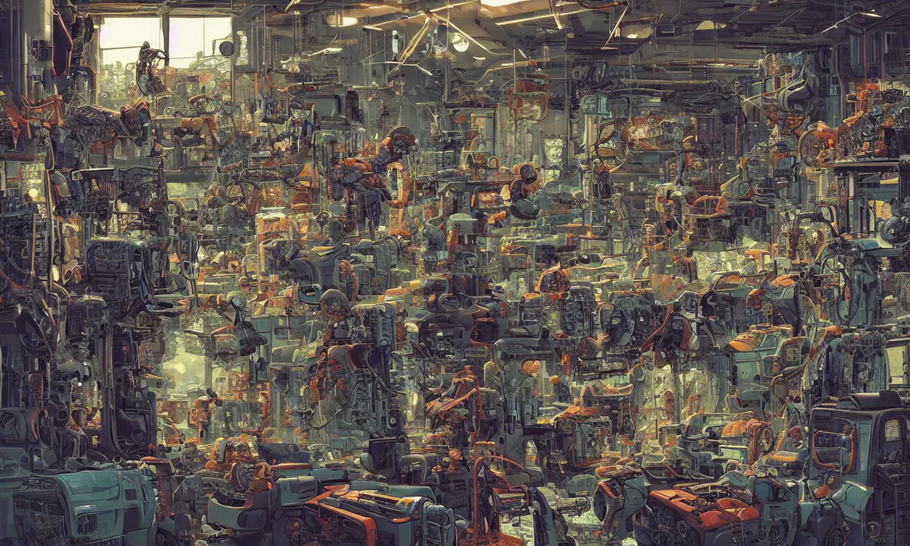 Prompt: an extremely cluttered machine repair shop in 2067, art by Josan Gonzales and Dan Hillier, extremely detailed, fine detail, 8K
