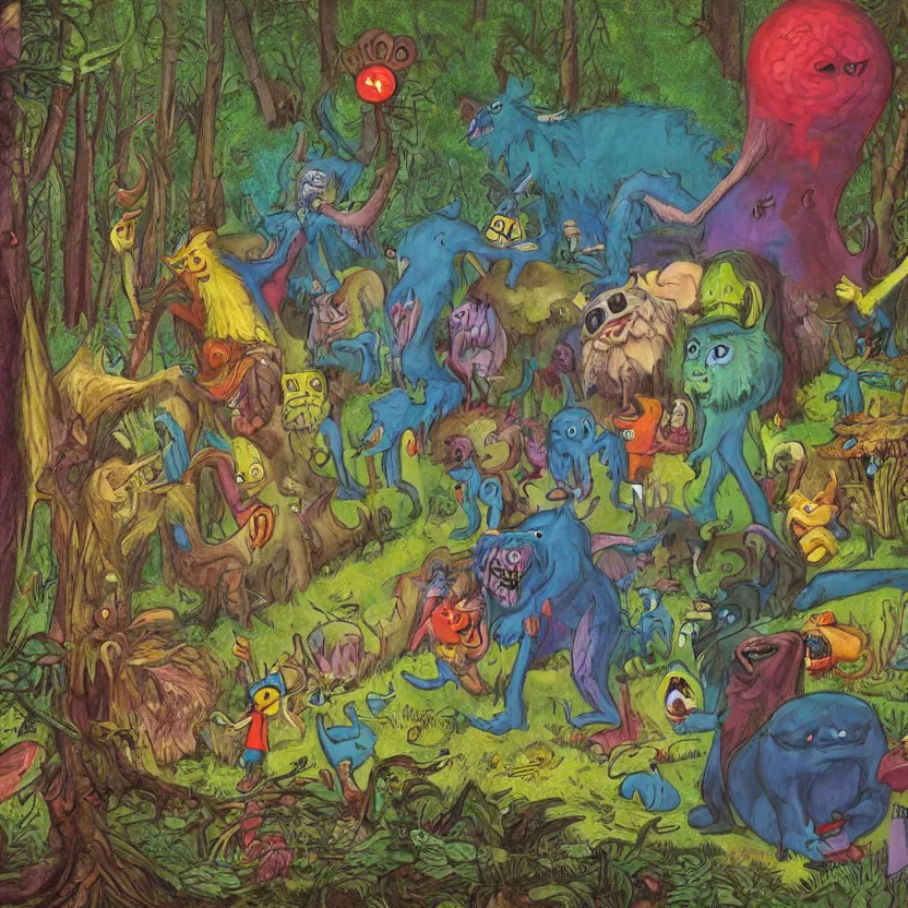 Image similar to a scene of colorful cartoon monsters in the clearing of a dark fantasy forest surrounded by darkness. hyperrealist illustration. muted colors. 1 9 7 0's pulp science fiction and fantasy cartoon for alice in wonderland and wizard of oz. richly colored painting by don ivan punchatz.