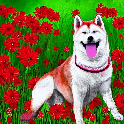 Image similar to a red akita inu wearing a kimono, in a field of flowers, highly detailed 4k digital painting