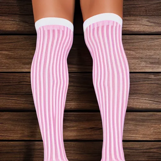 Image similar to clear highly detailed photorealistic topdown mockup product photograph of pink and white striped thigh high socks on a wooden background