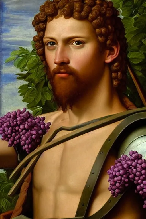 Prompt: renaissance painting of spartan, portrait, face closeup, emotions closeup, dressed in spartan armour, the beautiful garden with liliac bush everywhere, ultra detailed, art by guido reni style, vincenzo catena style