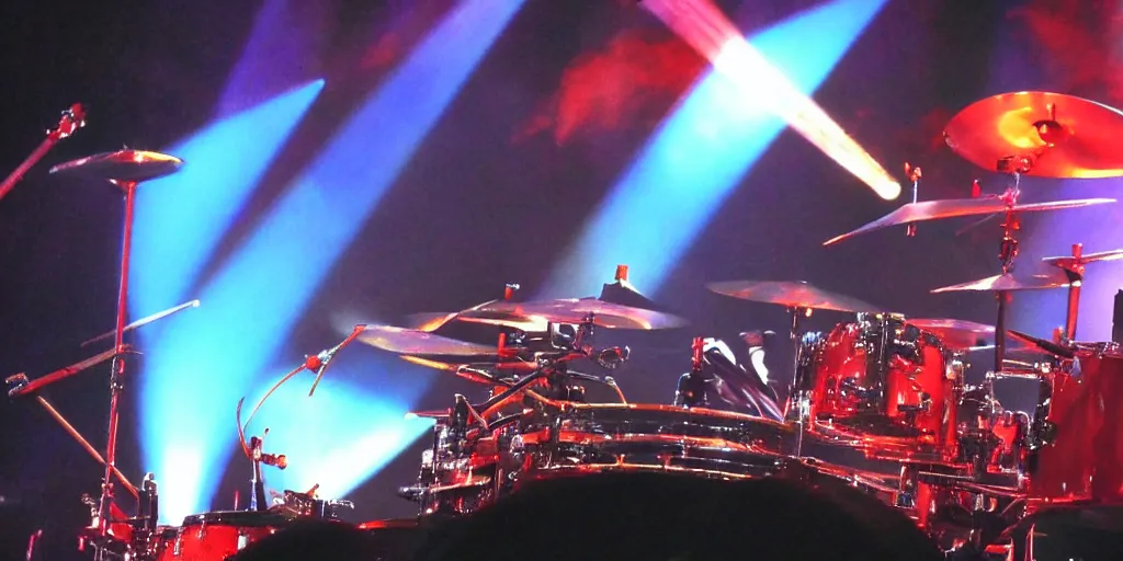 Prompt: neil peart drum set in heaven concert, crowd, lights, lasers, smoke