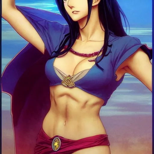 Image similar to highly detailed vfx portrait of nico robin by eiichiro oda!, makoto shinkai, alphonse mucha, sharp focus, art by artgerm and greg rutkowski!, backlit, harsh overhead sunlight, blue eyes!!, large aquiline nose!!, stanley kybric, kaoru mori, shadows, best of behance,