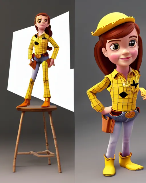 Prompt: full body 3d render of Emma Watson as a Toy Story character, studio lighting, white background, blender, trending on artstation, 8k, highly detailed