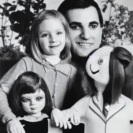 Image similar to creature family photo, toy commercial from the 60s