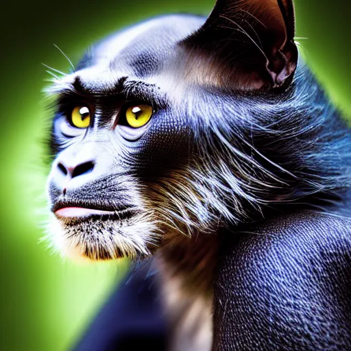 Image similar to a feline cat - chimpanzee - hybrid, animal photography