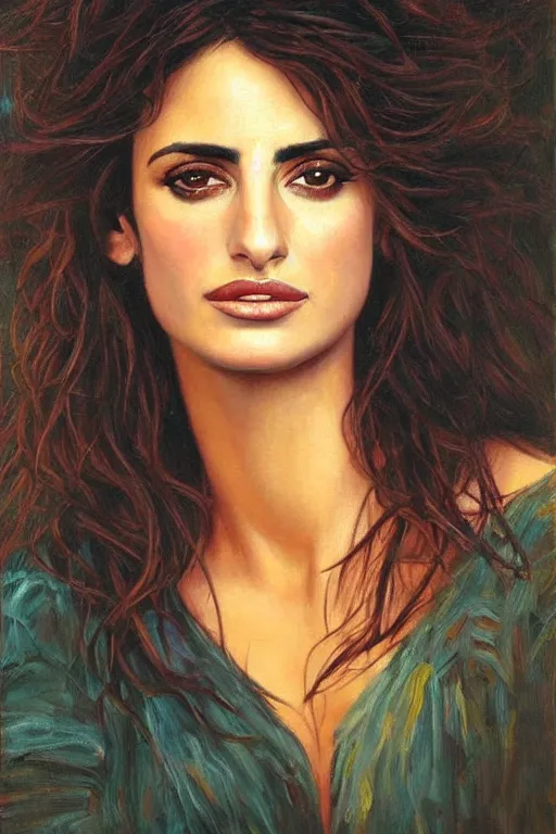 Image similar to oil painting, portrait of penelope cruz, artwork by edward robert hughes