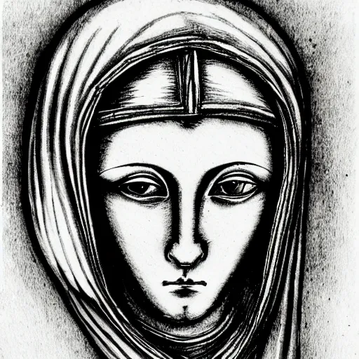 Image similar to an ink drawing of da vinci style white tragedy mask, intimidating glare