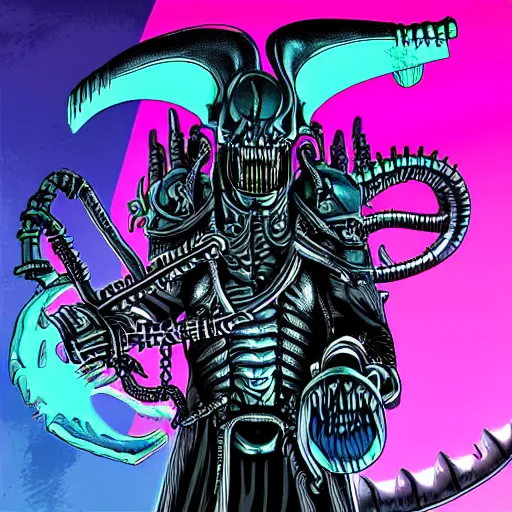 Image similar to lich king as a xenomorph, vaporwave, intricate detail, the gorillaz album art