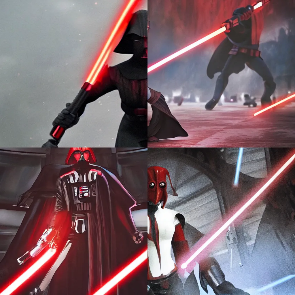 Prompt: Darth Talon wielding a lightsaber, wide angle shot, still from Star Wars: The Batch Batch animated series (2021),