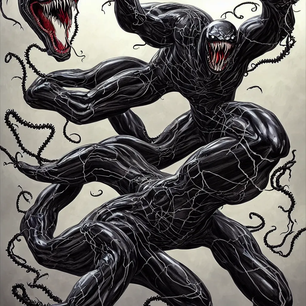 Image similar to full body long shot venom from marvel comics!!!!, large mouth with teeth, lovecraftian horror!, surrealism, fantasy, intricate, elegant, highly detailed, digital painting, artstation, concept art, matte, sharp focus, illustration, art by keith thompson and christopher lane