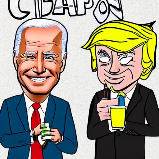 Image similar to cartoon drawing of Biden and Trump together drinking a caipirinha with Rio de Janeiro on the background, cute, cartoon, Disney, friendly, detailed