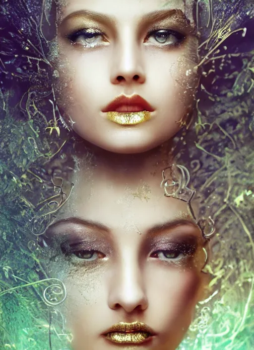 Image similar to glowing silver and golden elements, full close-up portrait, beautiful female portrait model from shutterstock as a dark witch, book cover, green forest, white moon, red lips, establishing shot, extremly high detail, photo-realistic, cinematic lighting, pen and ink, intricate line drawings, by Yoshitaka Amano, Ruan Jia, Kentaro Miura, Artgerm, post processed, concept art, artstation, matte painting, style by eddie, raphael lacoste, alex ross