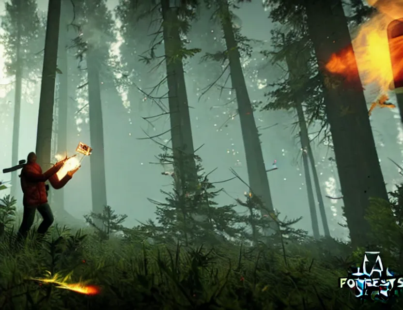 Image similar to a the forest game screenshot with a crashed plane, player is holding a lighter. ultra realistic