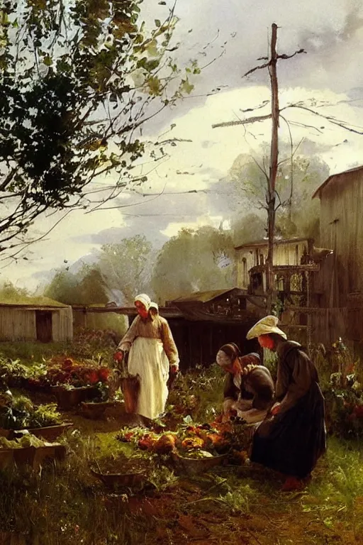 Image similar to simple amish farmers tending to their cottage vegetable gardens, art by anders zorn, wonderful masterpiece by greg rutkowski, beautiful cinematic light, american romanticism thomas lawrence, greg rutkowski