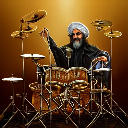 Prompt: khomeini playing drums in heavy metal band in heaven, high definition, trending on artstation, unreal engine, photorealistic, high resolution,, trending on deviantart, hdr, hyper detailed, insane details, intricate, elite, ornate, elegant, luxury, dramatic lighting