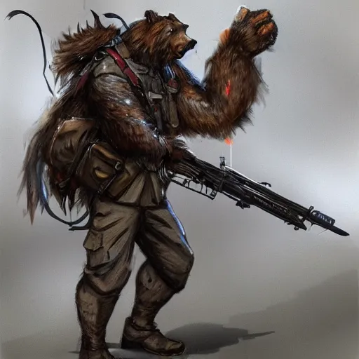 Image similar to concept art of a high fantasy ww1 bear beast-man soldier using a bazooka trending on artstation, detailed high resolution