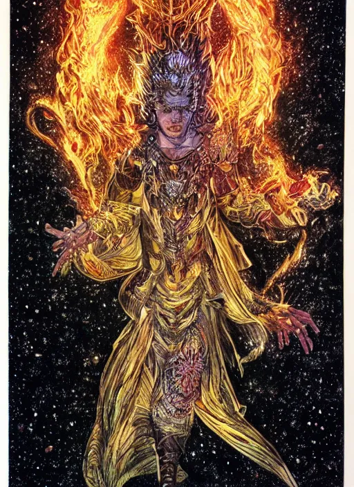 Image similar to high intricate colored ink drawing of the sandman holding a glimmering fire - galaxy, full shot, neil gaiman, maria panfilova, andrea savchenko, mike kime, ludovic plouffe, qi sheng luo, oliver cook, julian calle, eddie mendoza, trending on artstation