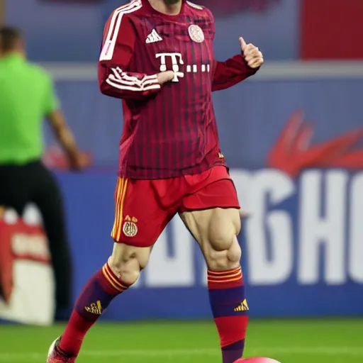 Prompt: Messi bodybuilding in a Bayern Munich shirt